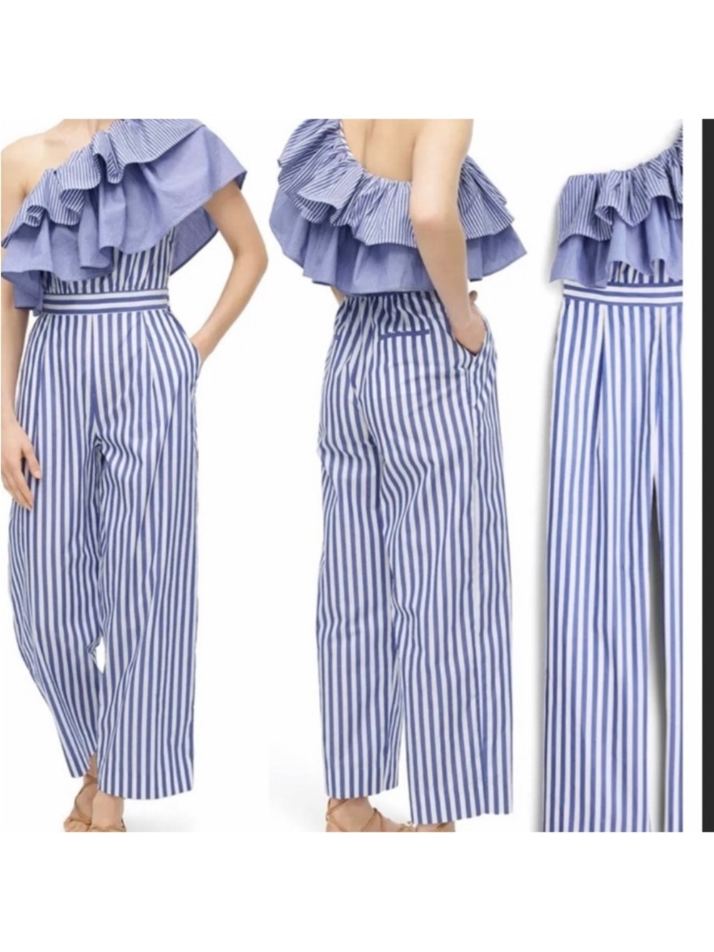 NWT J.Crew One-Shoulder Ruffle Jumpsuit in a Mixed Stripe